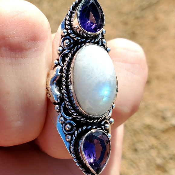 New Rainbow Moonstone & Amethyst 925 Silver Statement Ring. - Picture 9 of 16